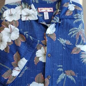 Caribbean Joe Hawaiian Shirt Mens M blue white Hibiscus SS vintage rayon classic